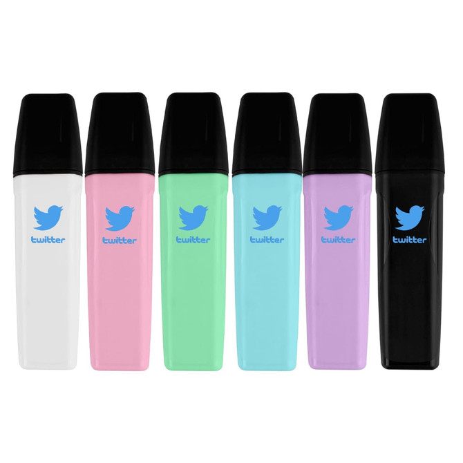 A set of six highlighters in white, pink, mint green, light purple, black, and turquoise, each featuring a logo.
