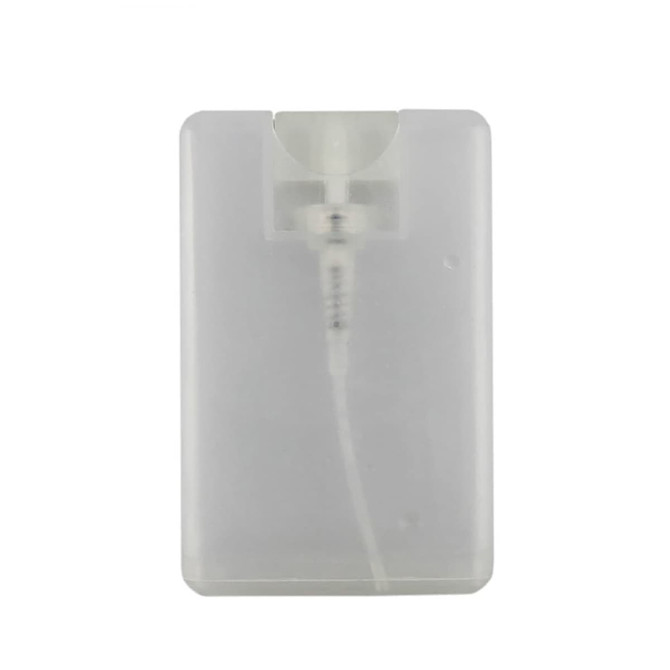 A clear, compact 20ml hand sanitiser spray card with a nozzle for easy dispensing.