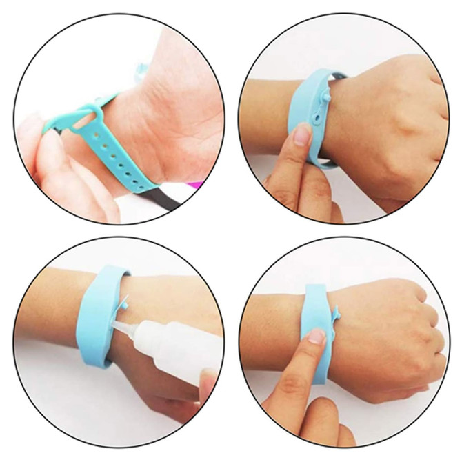 A blue wristband hand sanitiser dispenser, featuring a nozzle for dispensing sanitiser and adjustable strap for wear.