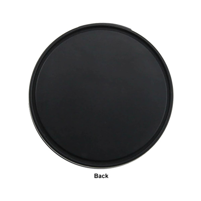 A black round USB hub with a smooth surface, featuring a logo on the back.