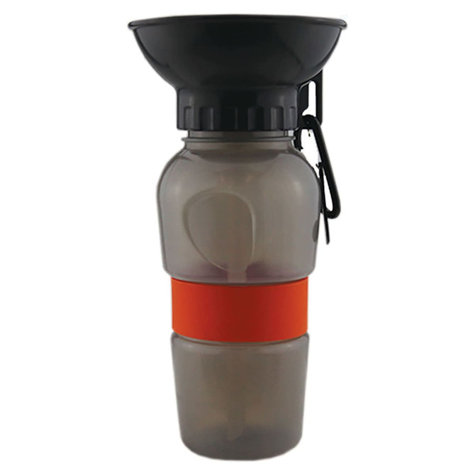 A drink bottle with a grey body, black top, and orange silicone band, featuring a built-in funnel and a clip.