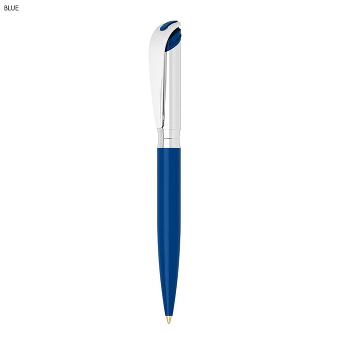 A blue metal ball pen with a sleek design and a silver clip. Features a branding logo on the body.