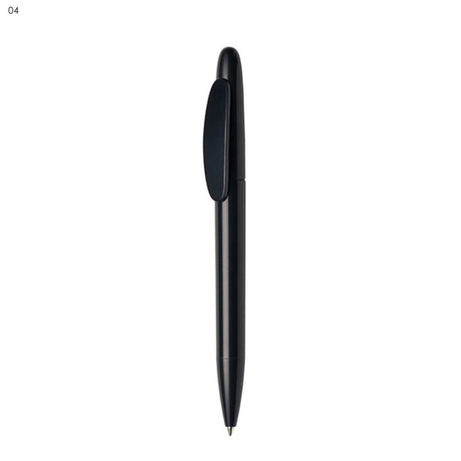 A black plastic pen with a smooth barrel and a clip, featuring a logo.