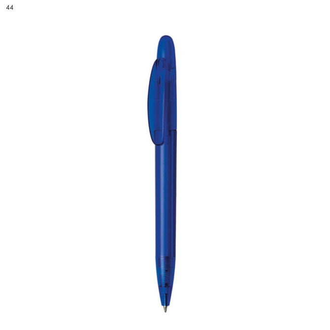 A blue plastic pen with a click mechanism and a logo.