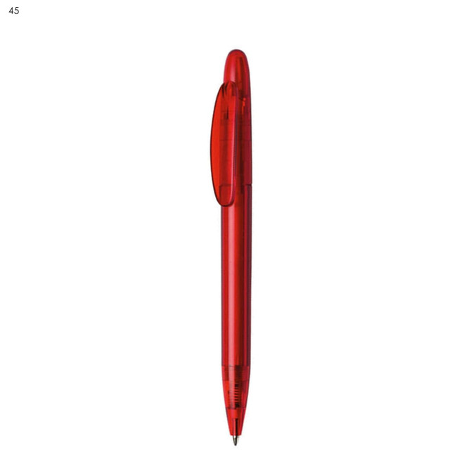 A red plastic pen featuring a transparent body and a clip attachment. It has a logo on the side.