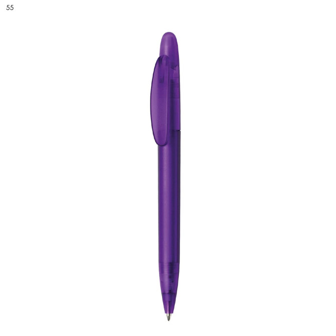 A plastic pen in a vibrant purple colour with a clear clip and barrel, featuring a logo design.