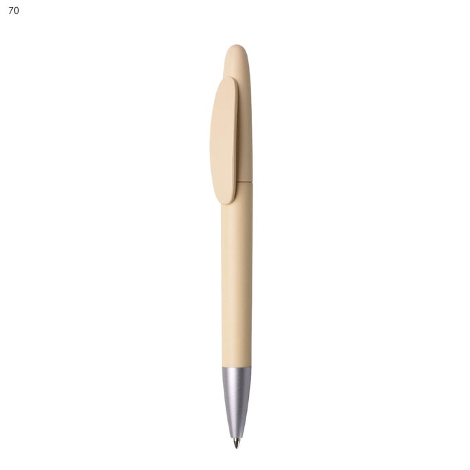 A plastic pen in a matte cream colour with a silver tip and a clip. It features a branding logo.