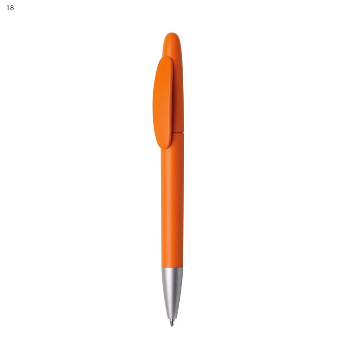 An orange plastic pen with a silver tip and a curved clip. The pen has a sleek, minimalist design.