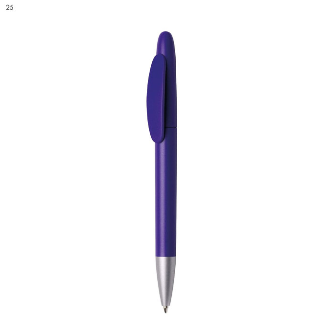 A purple plastic pen with a silver tip and a clip on the side, featuring a logo.