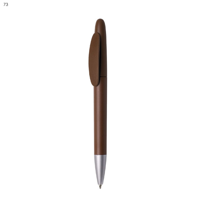 A brown plastic pen with a silver tip and a clip, featuring a branding logo.