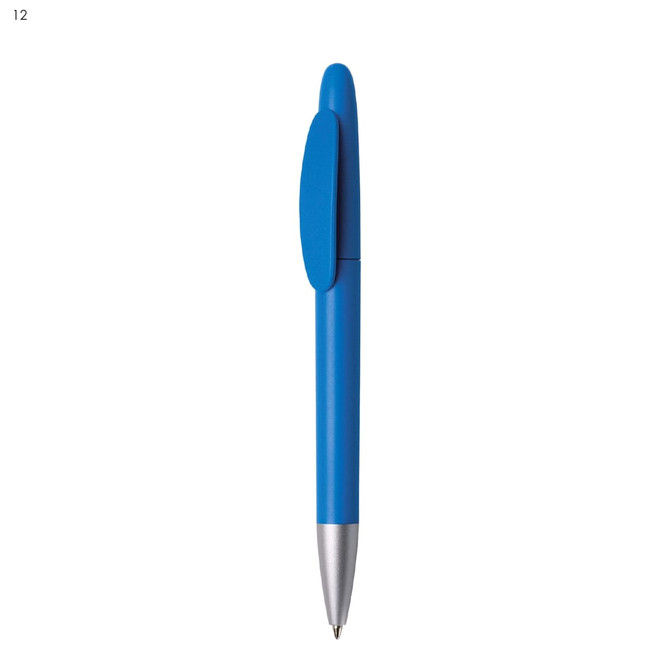 A blue plastic pen with a silver tip and a matching blue grip, featuring a logo.