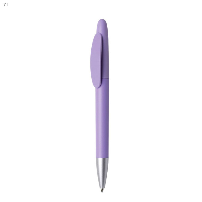 A plastic pen in a soft purple colour with a silver tip and a clip design. It features a logo on its body.