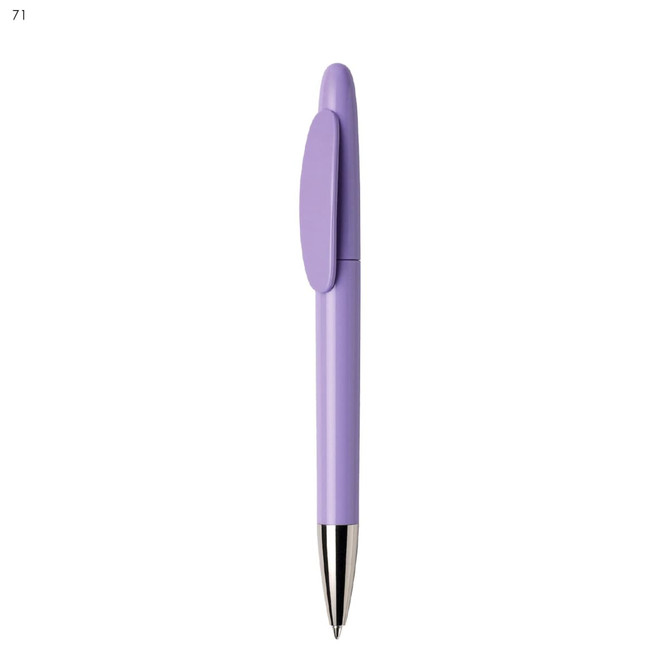 A purple plastic pen with a clip and a silver tip, featuring a simple design and a branding logo.