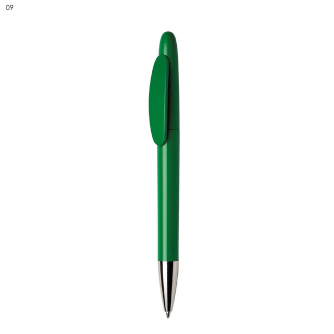 A green plastic pen with a clip and a silver tip, featuring a logo on the body.