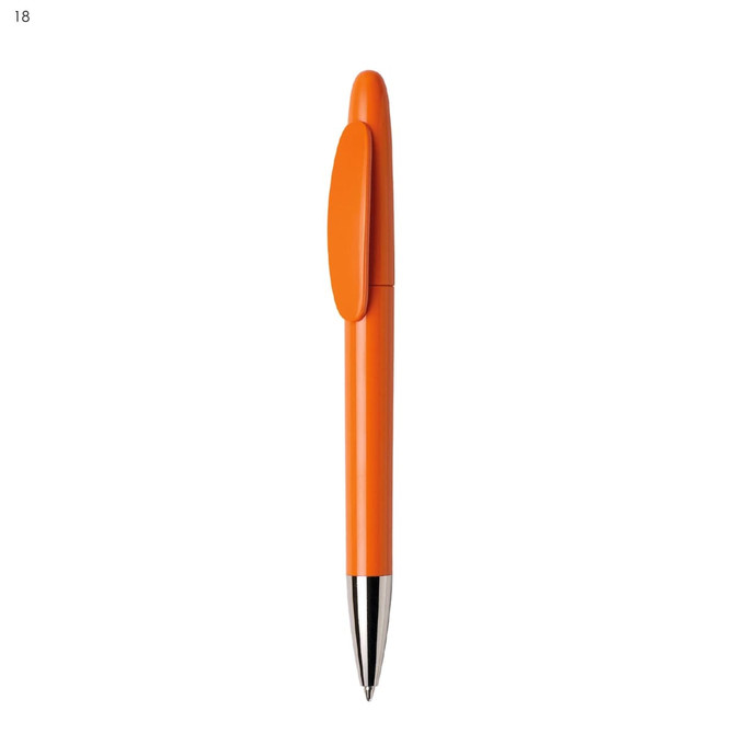 An orange plastic pen with a silver tip and clip, featuring a simple design and a logo on the barrel.