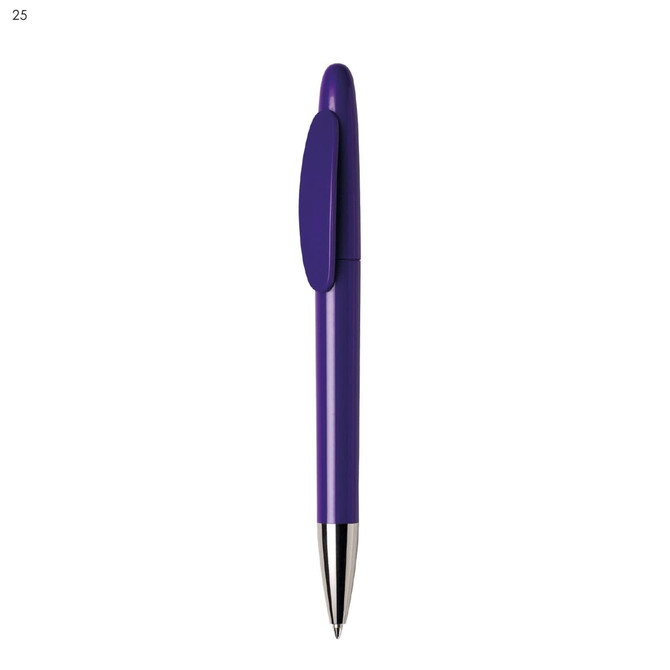 A plastic pen in vibrant purple with a silver tip and a clip for attachment. Features a logo on the barrel.