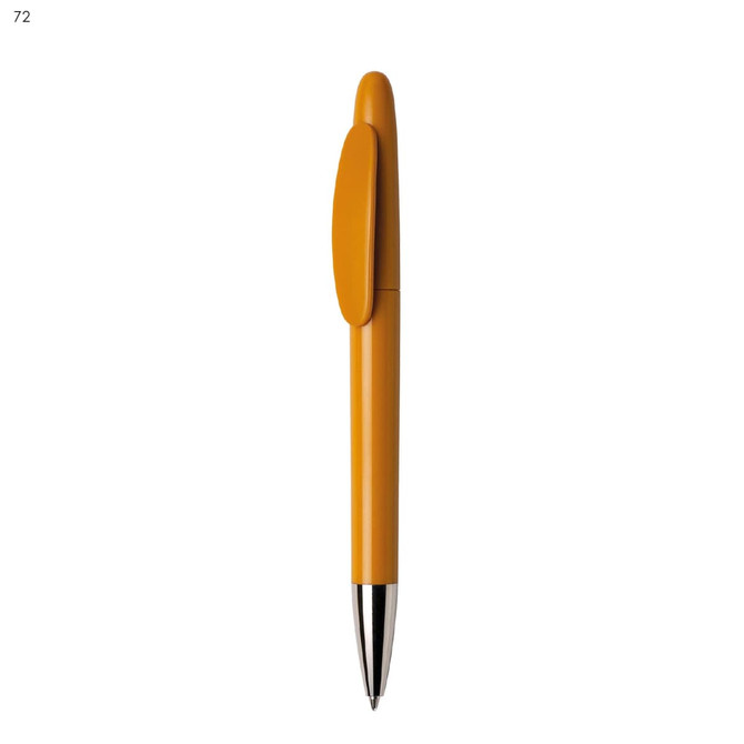 A plastic pen in vibrant orange with a matching clip and metallic silver tip, featuring a logo.
