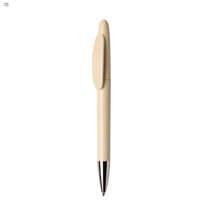 A plastic pen in a light beige colour with a shiny silver tip and a clip, featuring a logo.