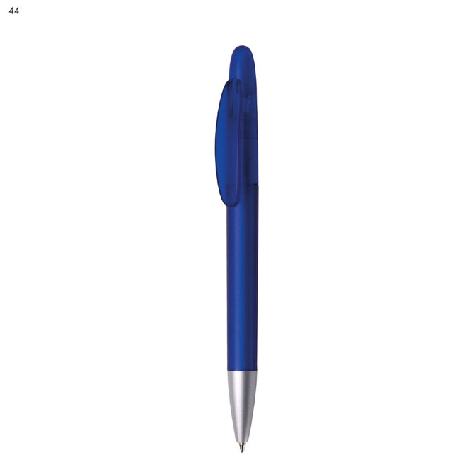 A blue plastic pen with a transparent body and a silver tip, featuring a clip and a branding logo.
