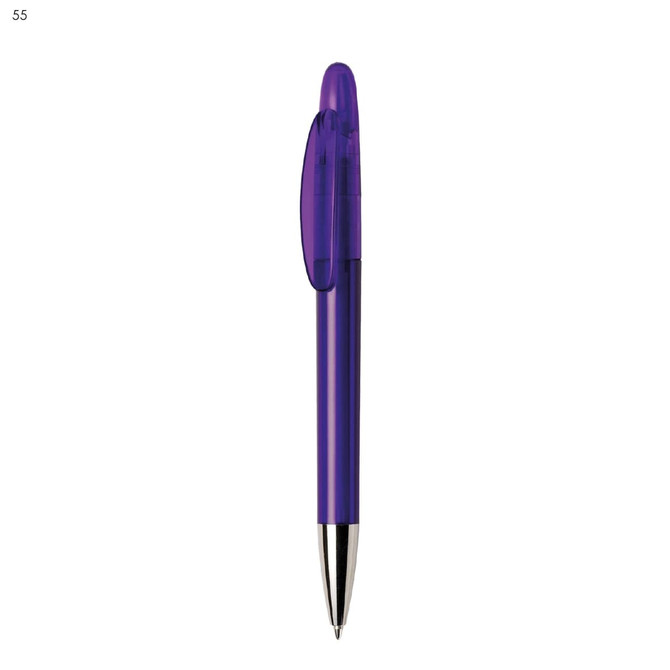 A plastic pen in purple with a transparent grip and a silver nib, featuring a logo.