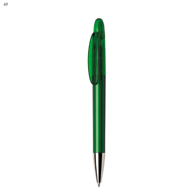 A green plastic pen with a transparent upper section and a silver tip, featuring a logo.