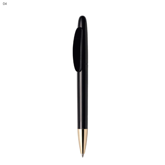 A metal pen featuring a sleek black body with a gold-tone tip and clip, also showcasing a logo.