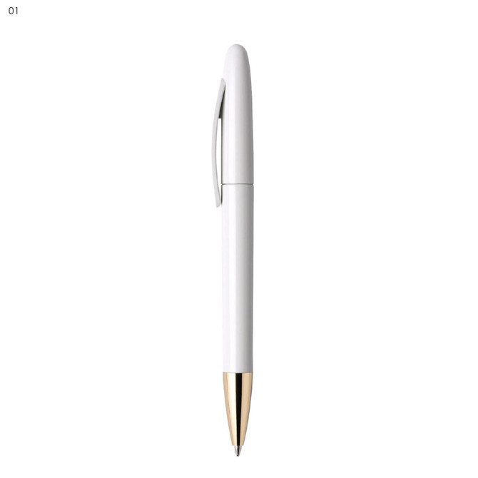 A white metal pen with a gold tip, featuring a simple design and a clip. It has a logo on the body.