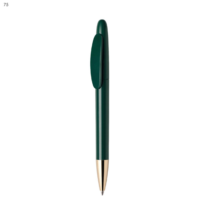 A green metal pen with a gold tip and a clip. The design is sleek and contemporary.