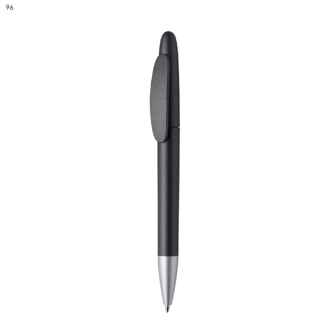 A black plastic pen with a silver tip and a clip. The pen has a sleek, modern design and features branding.
