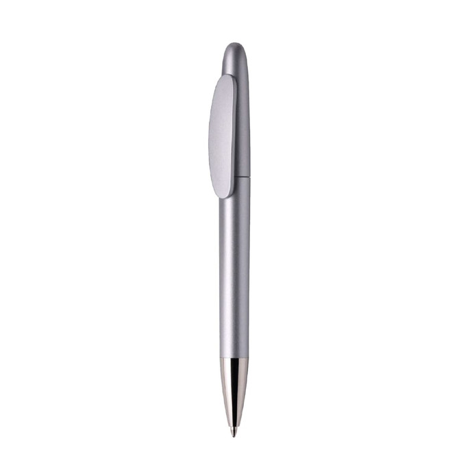 A silver metal pen with a sleek design, featuring a clip and a shiny tip. It has a branding logo.