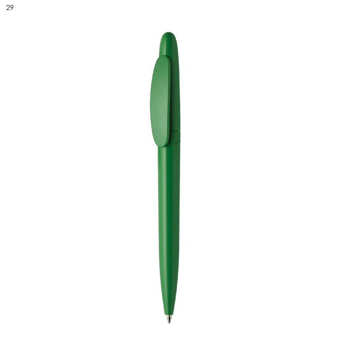 A green plastic pen with a streamlined design and a clip on the side, featuring a branding logo.