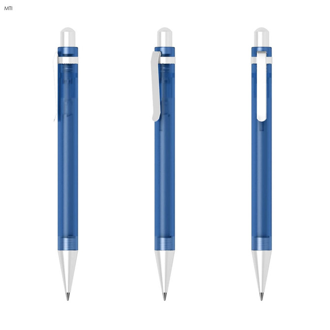 A blue plastic pen with a silver clip, featuring a transparent barrel and a smooth tip. The pen has a logo.