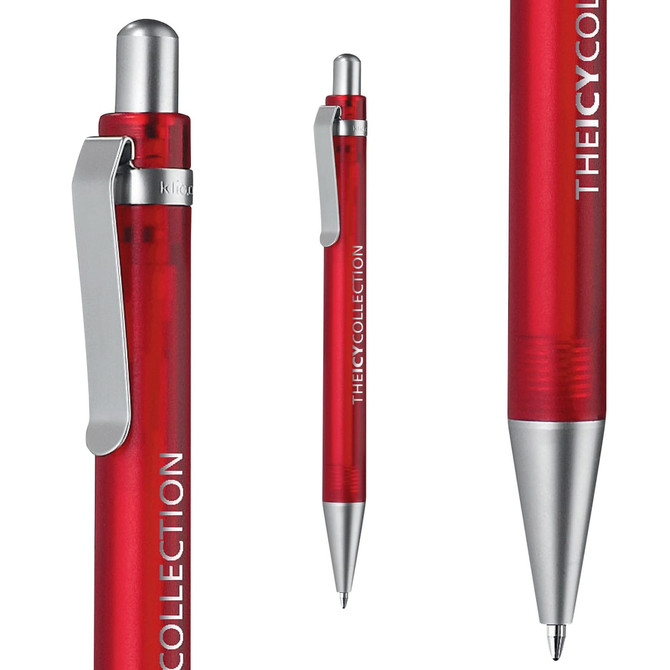 A red plastic pen with a silver clip and tip, featuring a logo along the barrel.