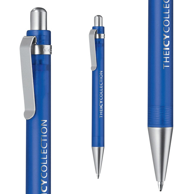 A blue plastic pen with a silver clip and tip, featuring a logo on its barrel.