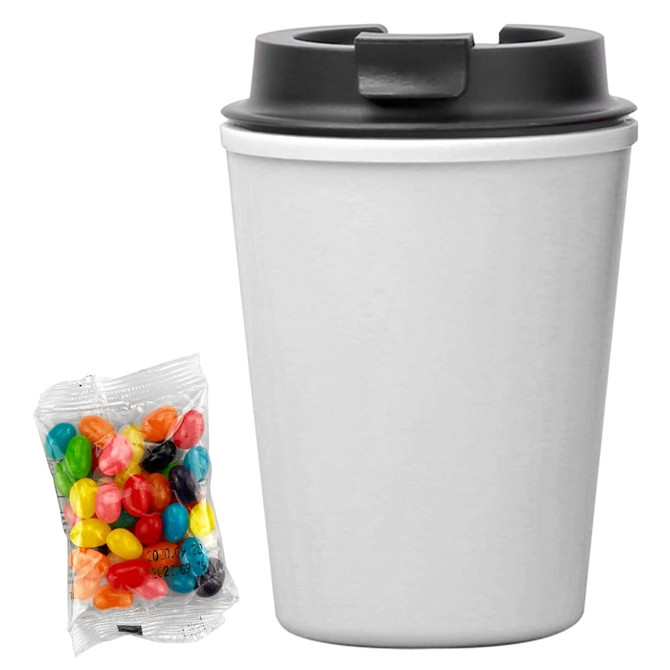 A drink bottle in white with a black lid, accompanied by a pack of assorted jelly beans.
