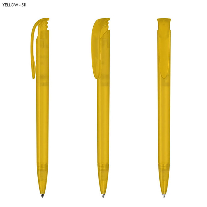 A set of three yellow plastic pens with a clip and smooth barrel design. Each pen has a logo.