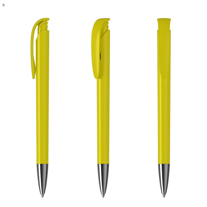 A plastic pen in bright yellow with a clip and chrome tip, displayed from three angles. Includes branding.