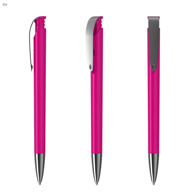 A pink plastic pen with a silver clip and a sleek design, displayed from multiple angles.