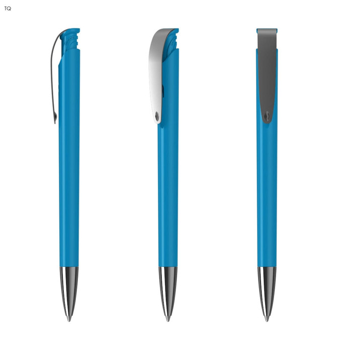 A blue plastic pen with a silver clip, displayed from three angles. It features a sleek design and a branding logo.