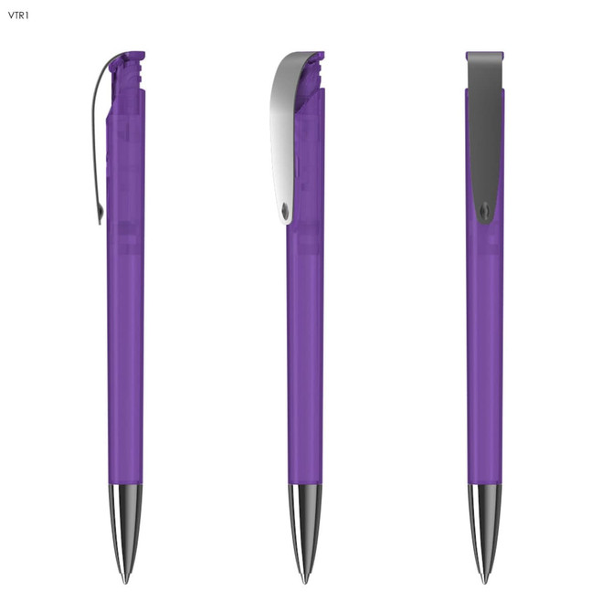 A purple plastic pen with a shiny silver clip, featuring a transparent barrel and a black tip.