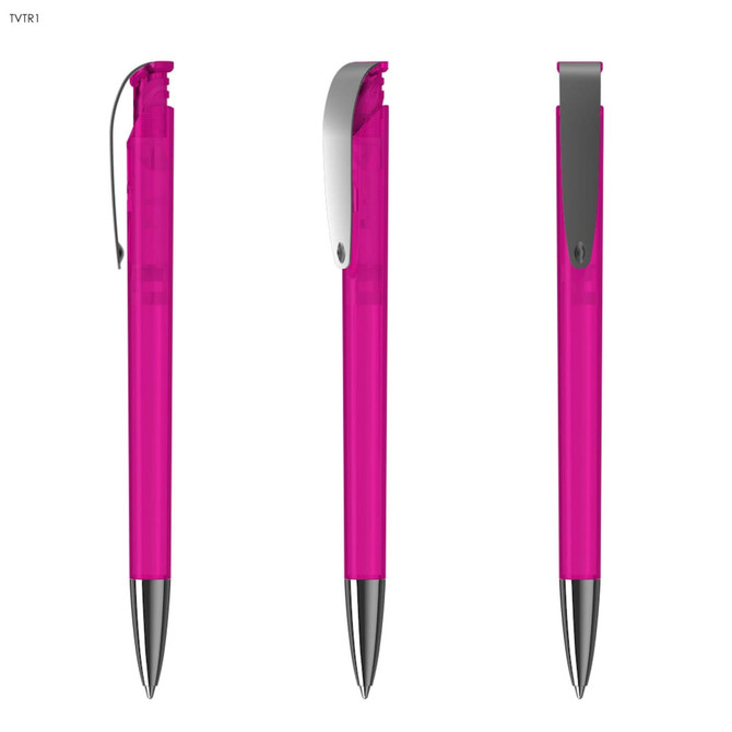A pink transparent pen with a silver clip, featuring three angles of view. It has a sleek plastic design.