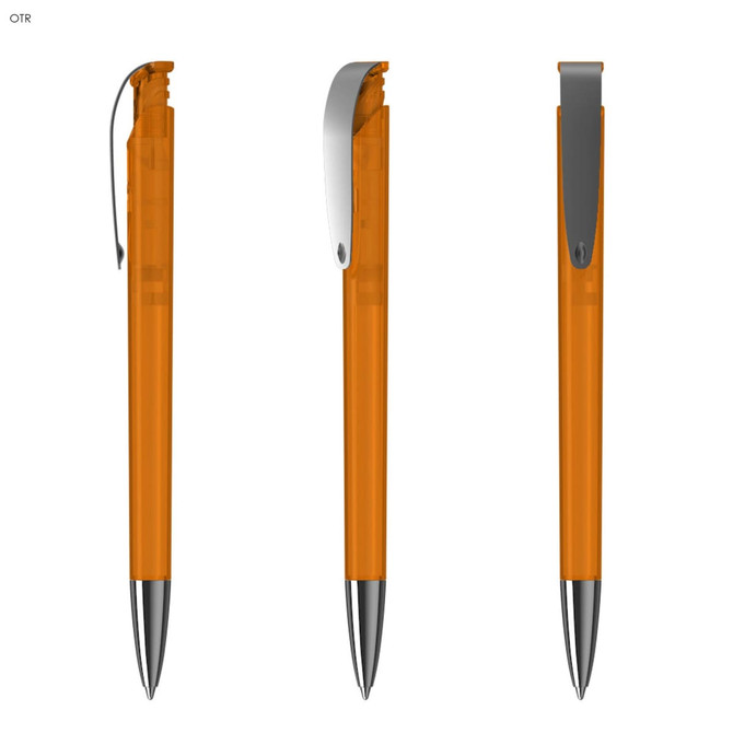 An orange transparent plastic pen with a silver clip, displayed from three angles.