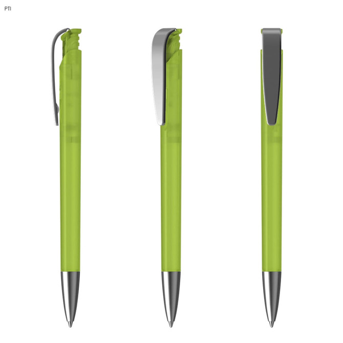 A vibrant green plastic pen with a chrome clip, showcased from three angles. Features smooth design and shiny tip.