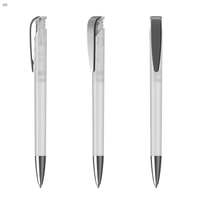 A plastic pen in transparent with silver detailing, featuring a clip for attachment.