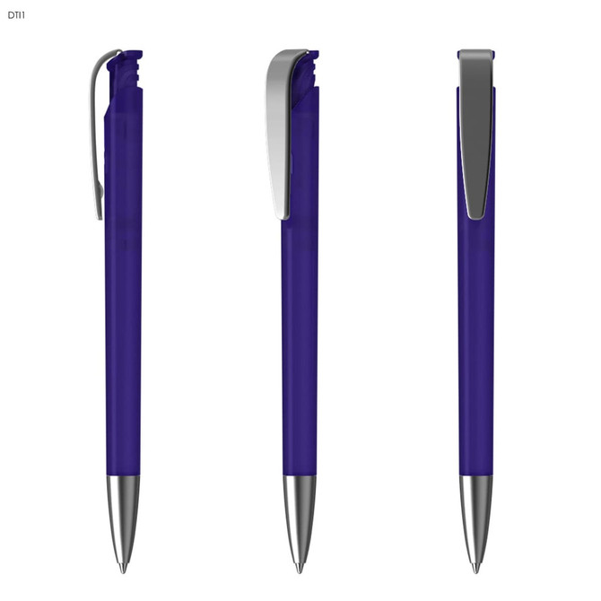 A plastic pen in purple with a silver clip, displayed from three angles. It has a simple design and a shiny finish.