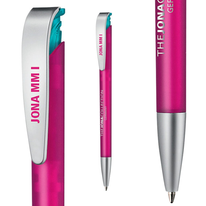 A plastic pen in a vibrant pink colour with a silver clip and branding.