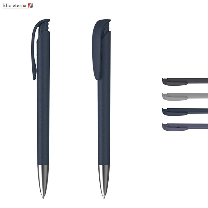 A soft grip plastic pen in dark blue with silver accents, featuring a clip and a logo. Additional pen colours are shown.