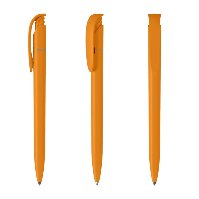 An orange plastic pen in three positions, showcasing its sleek design and clip. Features branding on the side.