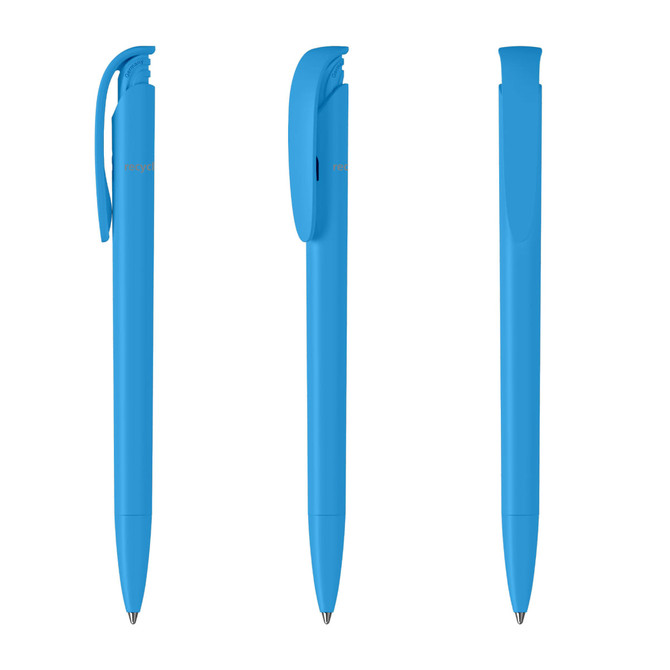 A set of blue plastic pens displayed from different angles, featuring a logo on one side.