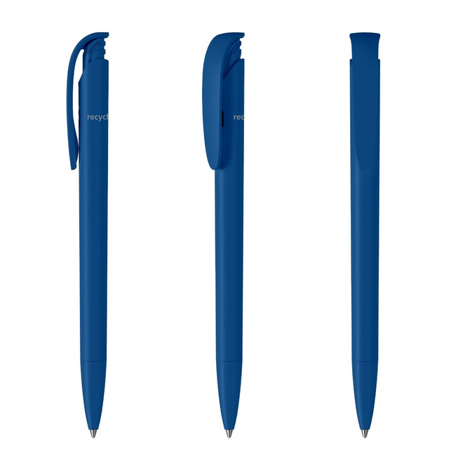A blue plastic pen with a clip and smooth surface, featuring a branding logo. It has a sleek, modern design.